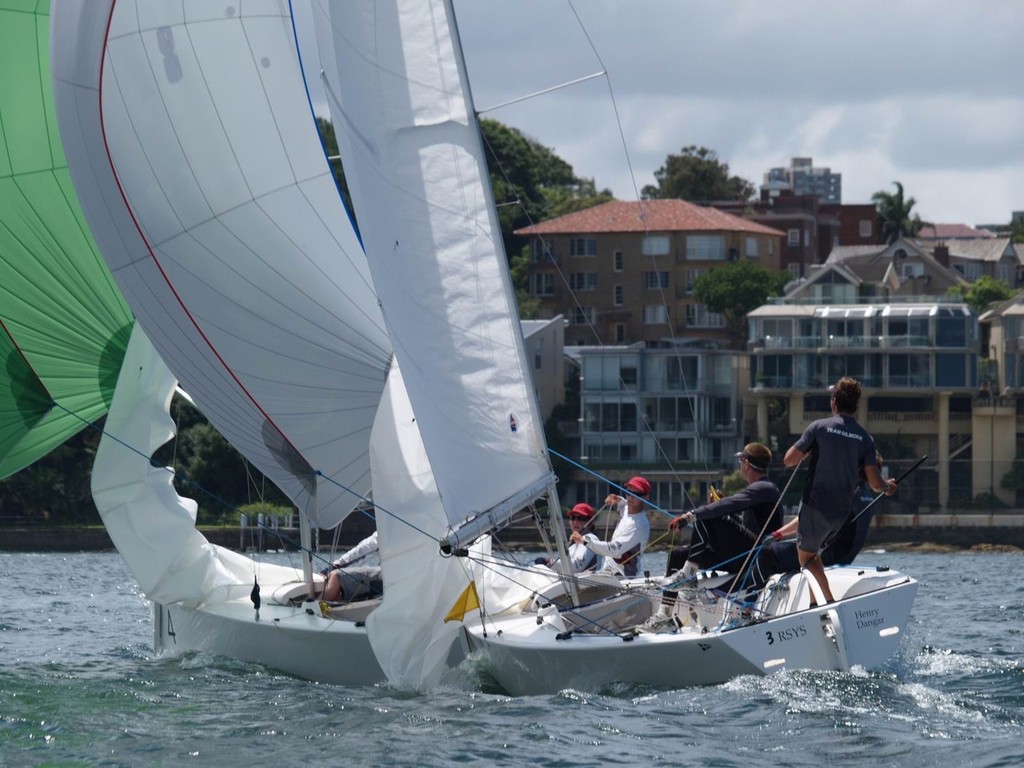 Position change in Finals as David Gilmour (boat 3) gets rolled by Josh Junior - Hardy Cup 2012 © Aline Van Haren 